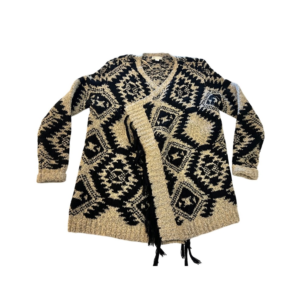 Cato Womens Medium Black Tan Geometric Tribal Fringe Open Front Cardigan Sweater